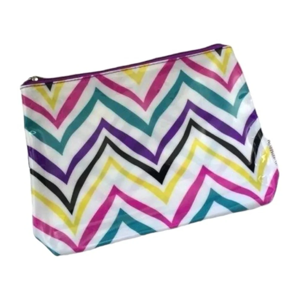 NWOT Zig Zag Pattern Multi Color Plastic Pouch Cosmetics Pencil Travel Case